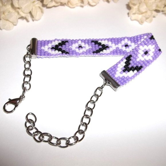 Seed Bead Bracelet Southwestern Western Style Purple White Black Silver NWT A774 - Picture 6 of 9